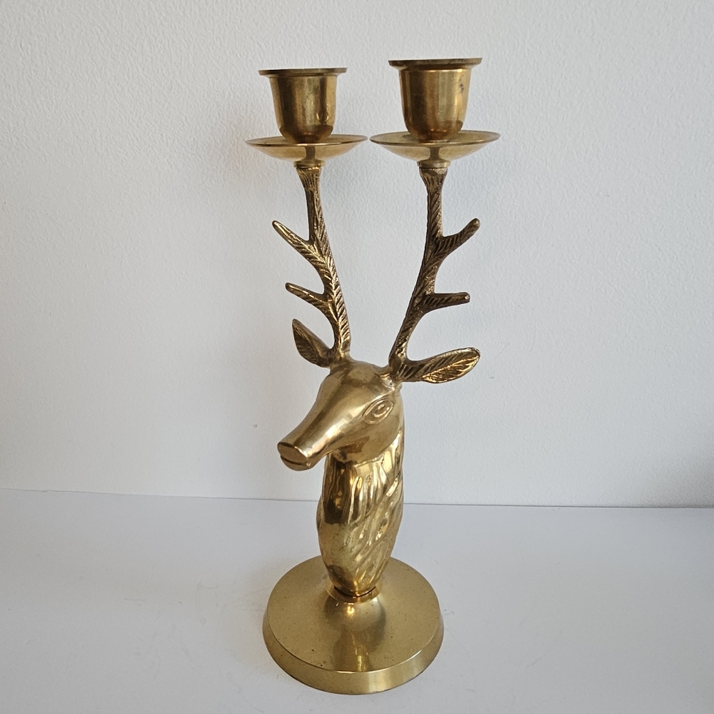 Vintage Brass Reindeer Bust Double Candle Holder Candlestick Stag Elk Buck